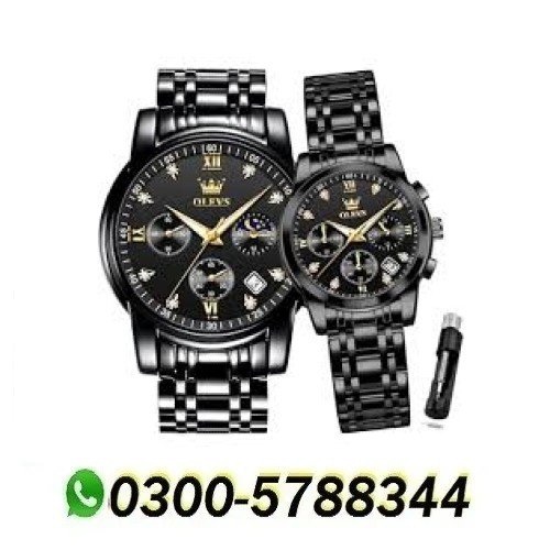 Unisex Chronograph Watch Set Stainless Steel Black Strap