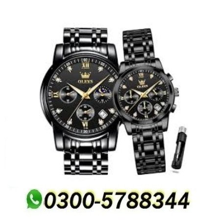 Unisex Chronograph Watch Set Stainless Steel Black Strap
